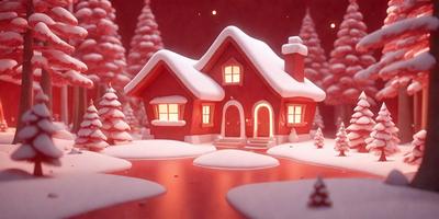 The primary subject of the image is a red house with a white roof, covered in snow. The house is situated in a snowy landscape, surrounded by trees. The setting appears to be a winter scene, possibly a digital art or illustration. The colors and mood of the image are predominantly cold and wintry, with the red house standing out against the white snow and the darker tones of the trees.